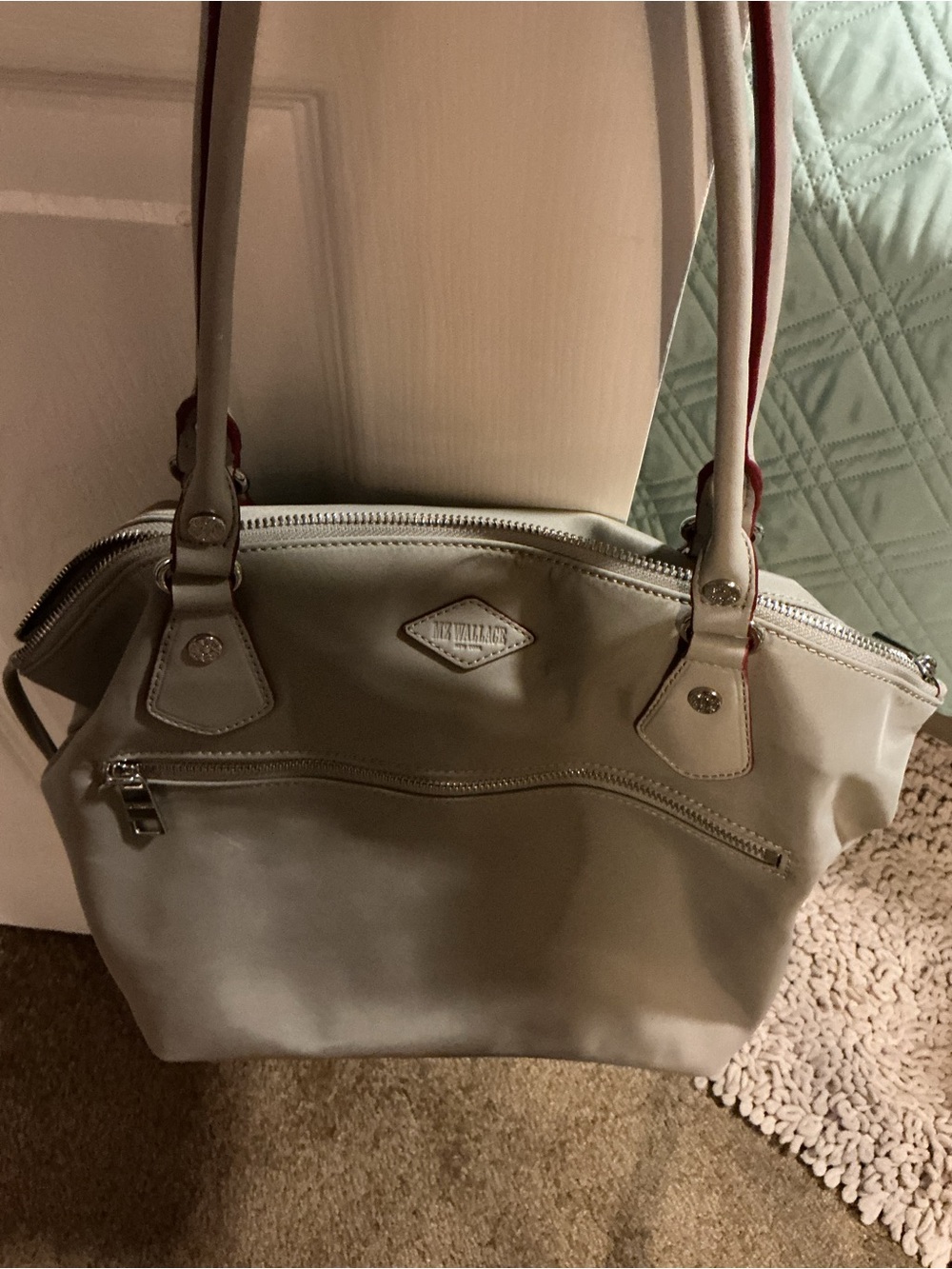 MZ Wallace Light Cream Nylon Shoulder Tote with Silver Hardware